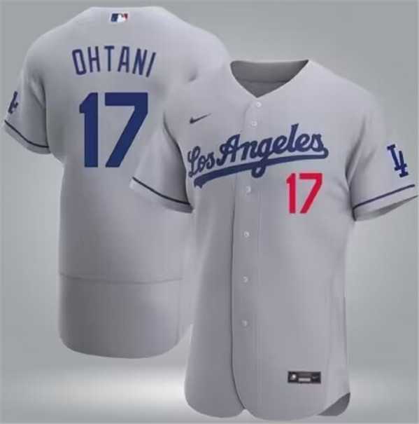 Mens Los Angeles Dodgers #17 Shohei Ohtani Gray Flex Base Stitched Baseball Jersey Dzhi